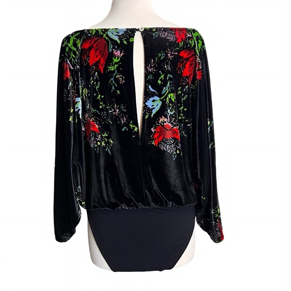 Free People Black Velvet Slouchy Floral Bodysuit Keyhole Amor Whimsigoth Large - Picture 8 of 11
